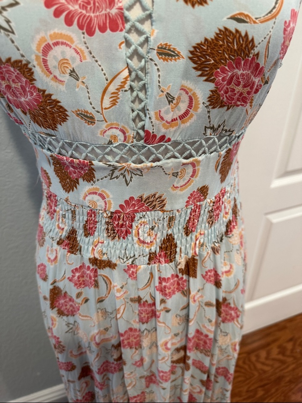 Jaase Sz Small Halter Maxi Dress in Light Blue and Pink Floral with Sexy Back - Picture 3 of 11